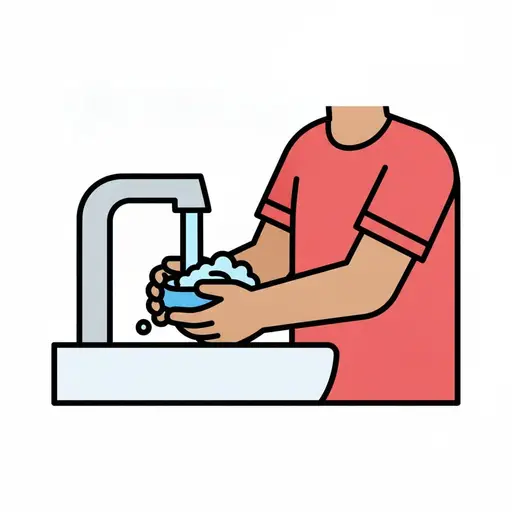 Eine Person im roten T-Shirt schrubbt eine kleine blaue Schüssel mit Schaum unter dem laufenden Wasserhahn.