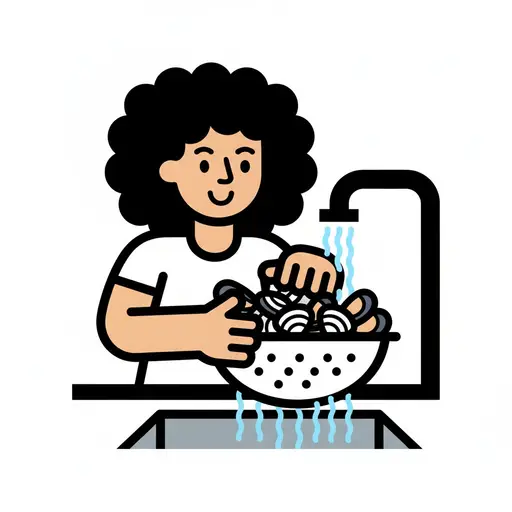 Een tekening van een persoon die schelpdieren in een vergiet onder stromend water wast.