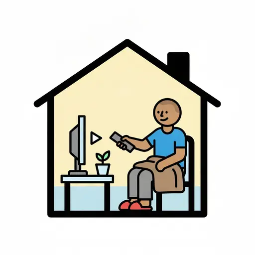 A person sits in a chair inside a house watching TV with the remote in hand.