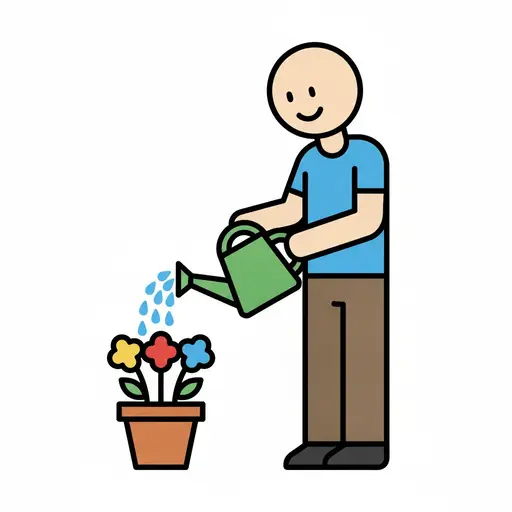 Iemand geeft bloemen in een pot water met een groene gieter.