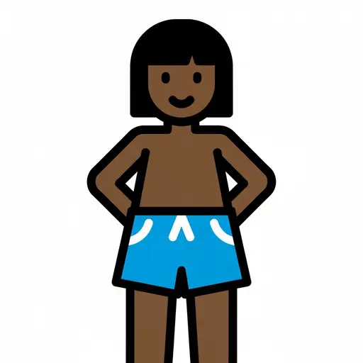Een tekening van een persoon die een blauwe short draagt.