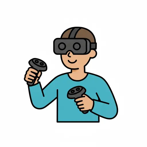 A person wearing a VR headset holds two controllers.