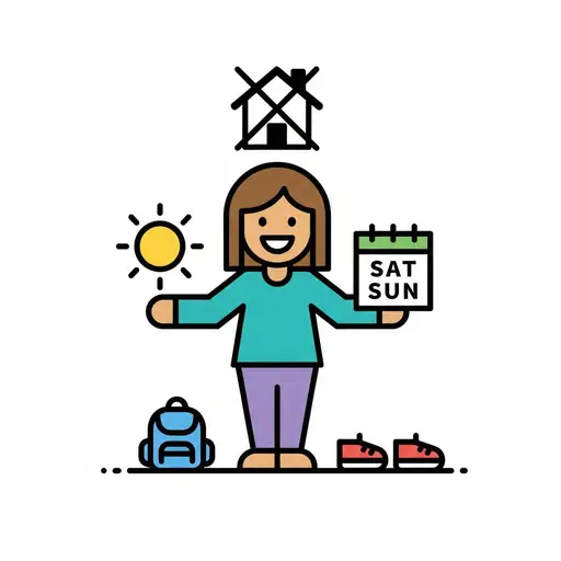 A person stands with arms out holding a calendar page for Saturday and Sunday, with a sun, a crossed-out building, a backpack and shoes on the floor.