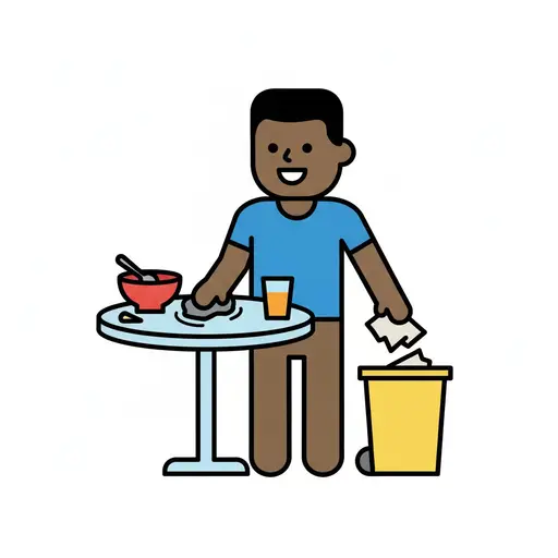 En leende person torkar av ett runt bord med en trasa bredvid en röd skål med sked och ett glas juice, och håller en servett över en gul soptunna.