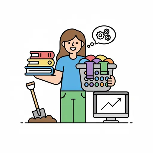 A smiling person carries a stack of books in one hand and a basket of laundry in the other, with a thought bubble of cogs, a spade and a screen showing a rising graph.