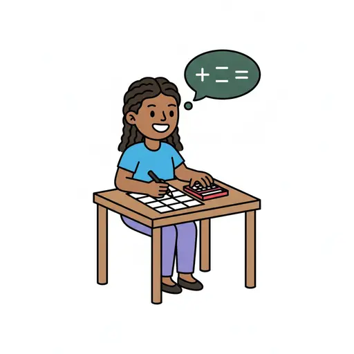 Een lachende persoon zit aan een tafel met ruitjespapier en een rode rekenmachine, met een gedachtewolk met plus-, min- en isgelijktekens.