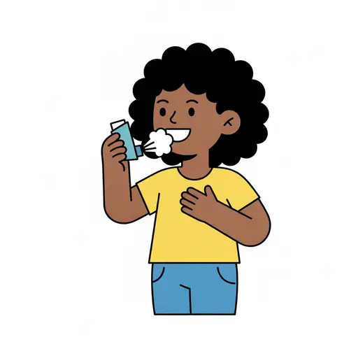 En leende person i gul t-shirt håller en blå inhalator vid munnen med ena handen och vilar den andra handen mot bröstet.