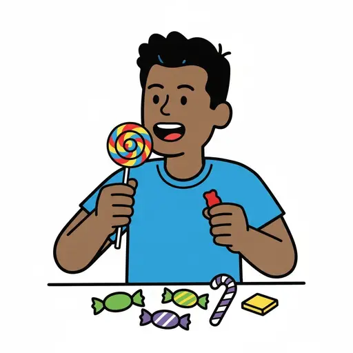 Een persoon houdt een spirale lolly en een rood gelei-snoepje vast, met meer snoep op tafel.