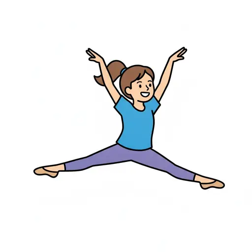 A smiling person with a ponytail in a blue t-shirt and purple trousers floats in a split jump with both arms raised.