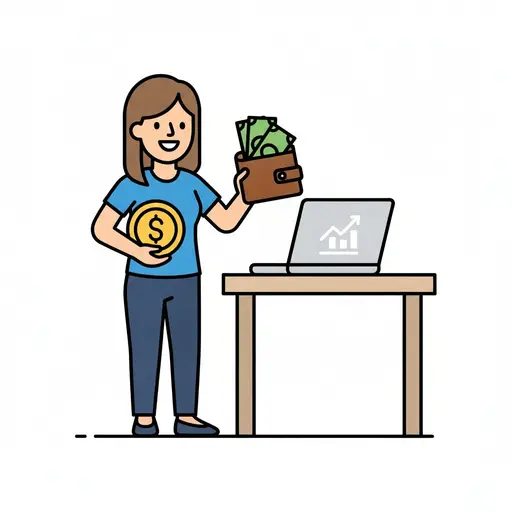 Een lachende persoon houdt een bruine portemonnee met bankbiljetten en een grote gouden munt omhoog, naast een tafel met een laptop waarop een stijgende grafiek te zien is.