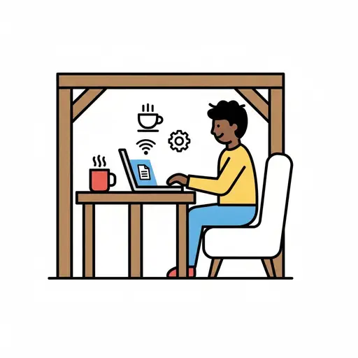 A person works at a laptop under a wooden roof, with a coffee cup and symbols for wifi and settings.