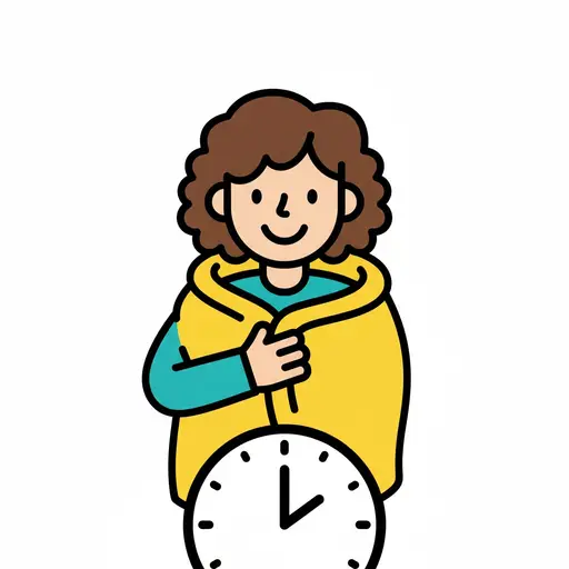 Een persoon met bruin krullend haar is in een gele deken gewikkeld en lacht. Op de voorgrond is een klok te zien.