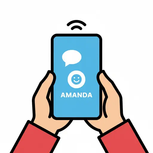 Twee handen houden een telefoon vast met een naam in de contacten en een tekstballon.