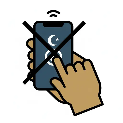 Een hand houdt een smartphone vast met een maan en een ster op het scherm, met een grote X over de hele telefoon om aan te geven dat hij uit staat.