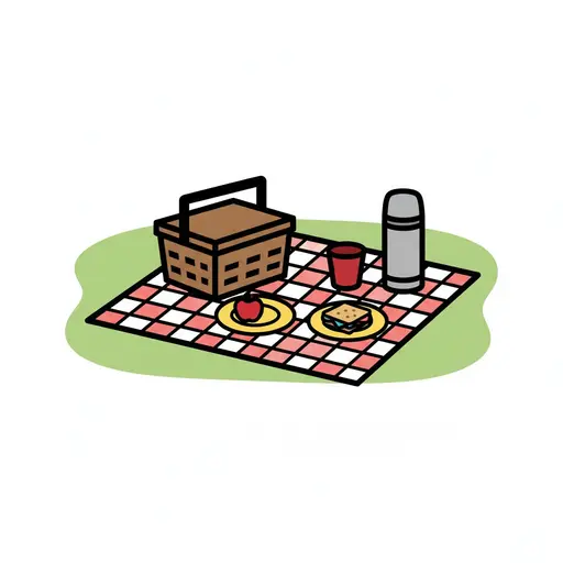 Een rood-wit geruit picknickkleed op het gras met een bruine rieten mand, een zilveren thermoskan, een rode beker, een rode appel en een boterham op gele borden.