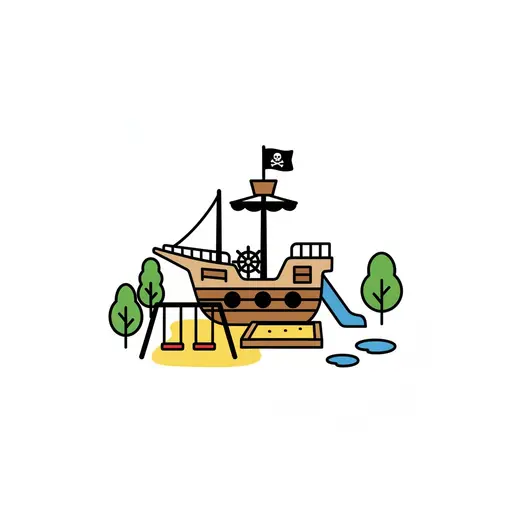 A playground shaped like a pirate ship with a slide, swings and sandbox surrounded by trees.