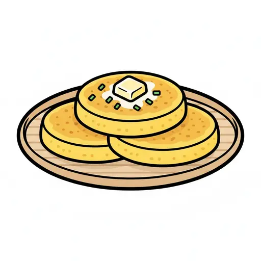 Een rond houten bord met vier gele maiskoekjes, met op de bovenste een klontje boter en groene spikkels.