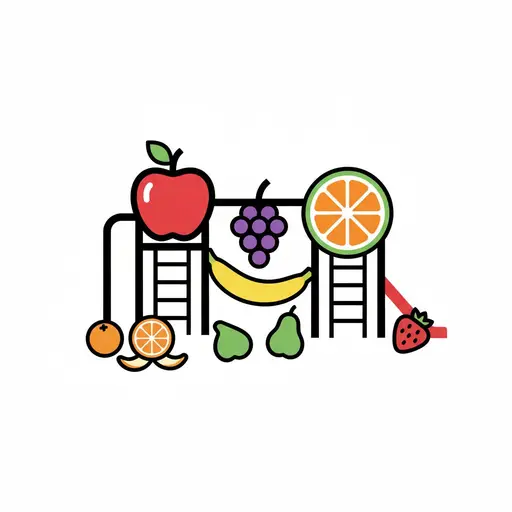 En lekställning byggd av frukt med äpple, vindruvor, apelsin, banan och jordgubbe.
