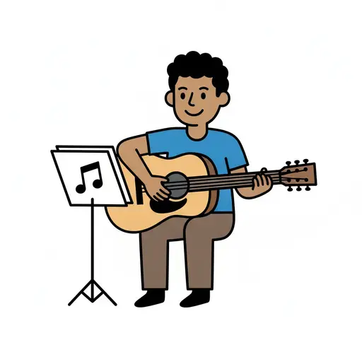 En person sitter och spelar akustisk gitarr framför ett notställ.