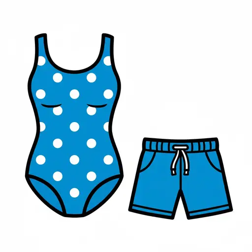 Een blauw badpak met witte stippen naast een blauwe zwembroek met een koordje.