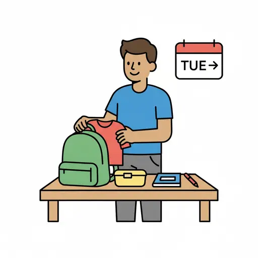 Een persoon pakt een rugzak aan een tafel met een lunchtrommel en pen, naast een kalender met dinsdag.