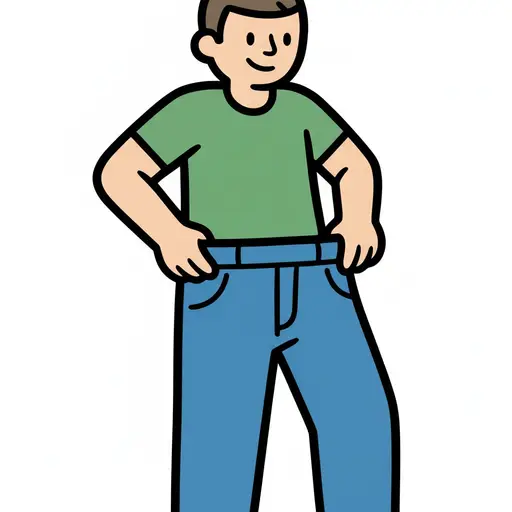 Een lachende persoon trekt met beide handen een blauwe broek omhoog.