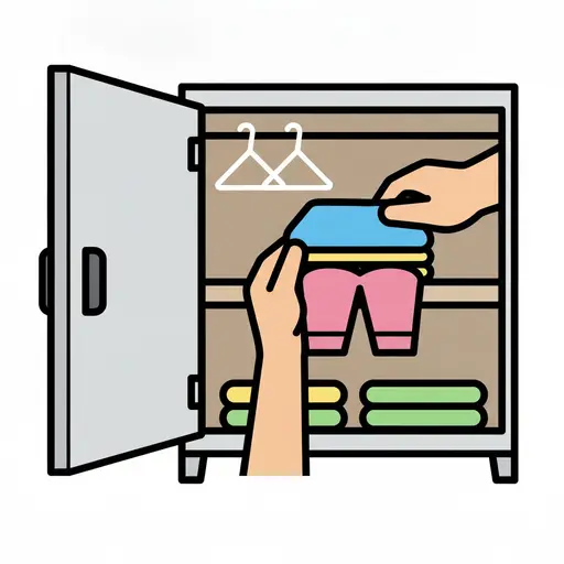 Twee handen leggen opgevouwen kleren in een kast met hangers en planken.