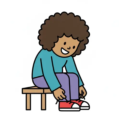 Een persoon zit op een bank en trekt rode schoenen aan.