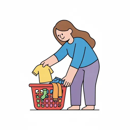 Een persoon doet een geel shirt in een rode wasmand vol kleren.