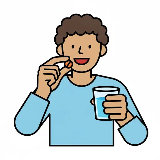 A person brings a tablet to their mouth and holds a glass of water in the other hand.