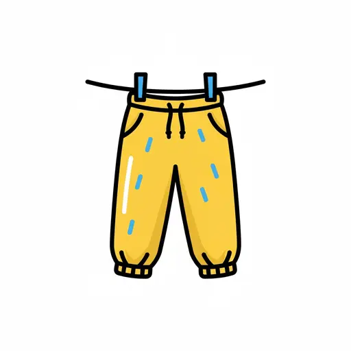 Een gele regenbroek met blauwe stippen hangt aan een waslijn te drogen.