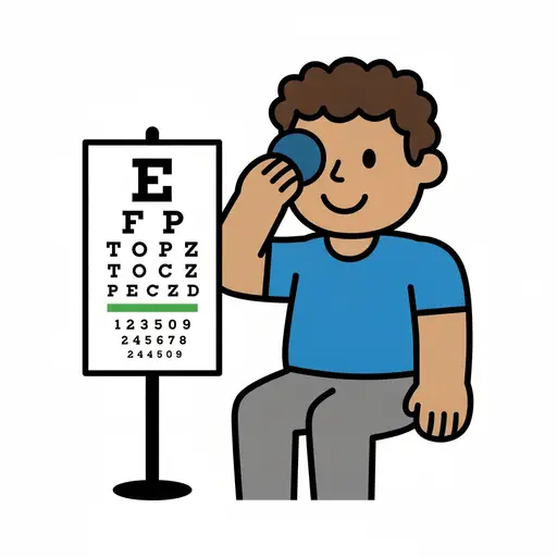 A person covers one eye and reads the letters on an eye chart.