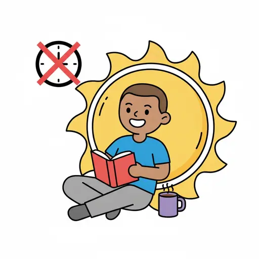 Een persoon zit met gekruiste benen te lezen in een grote zon, naast een doorgestreepte wekker en een mok.