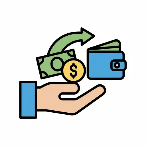 A hand receives a banknote and a coin from a wallet, with an arrow indicating money transfer.
