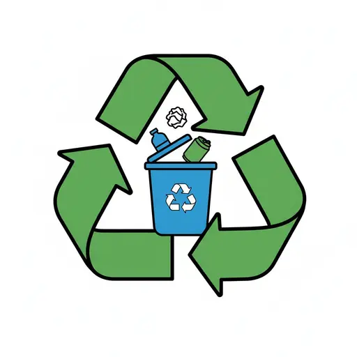 En blå genbrugsbeholder med et genbrugssymbol, indeholdende en plastikflaske, en dåse og krøllet papir, alt sammen mod et stort grønt genbrugssymbol.