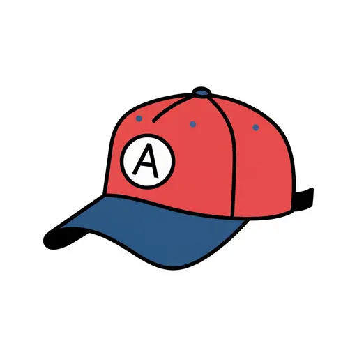 Een rood met blauwe pet met de letter A op de voorkant.