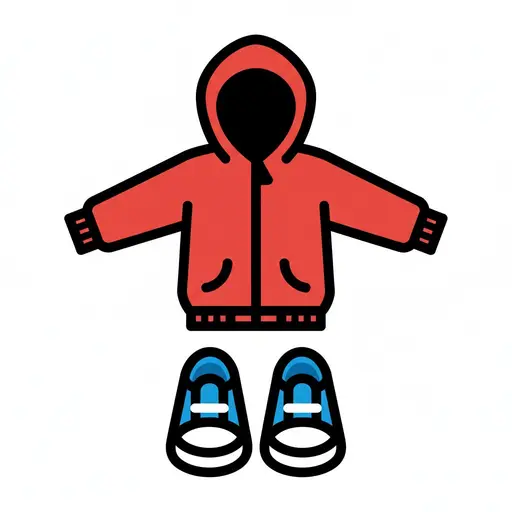 Een rode jas met capuchon en een rits en een paar blauwe schoenen met witte veters, onder de jas geplaatst op een witte achtergrond.