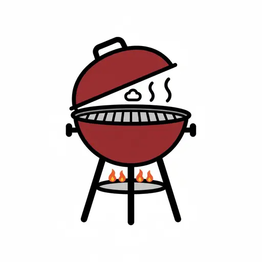 Een rode bolbarbecue met open deksel, rook die opstijgt en vlammen onder het rooster.