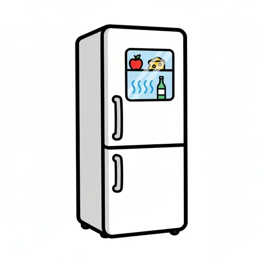 Een witte koelkast met een venster waardoor eten en een fles te zien zijn.