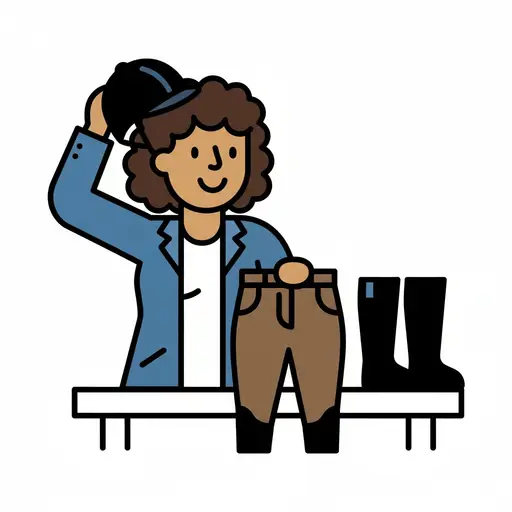Person at a bench with riding trousers and boots laid out
