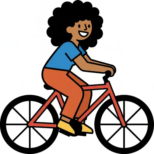 Ett leende barn cyklar på en röd cykel sett från sidan.