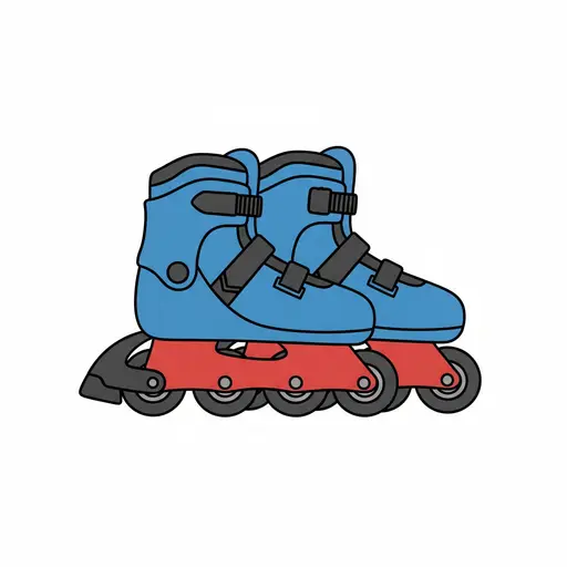 A pair of blue roller skates with red frames and black buckles.