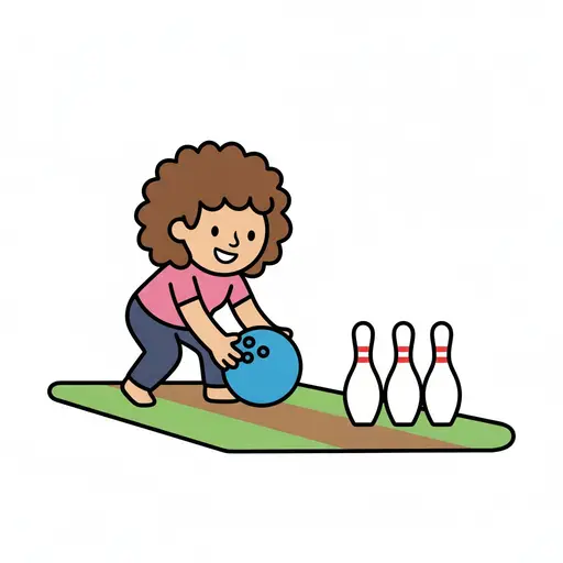 Ett barn håller ett blått bowlingklot och siktar mot tre käglor på en gräsmatta.