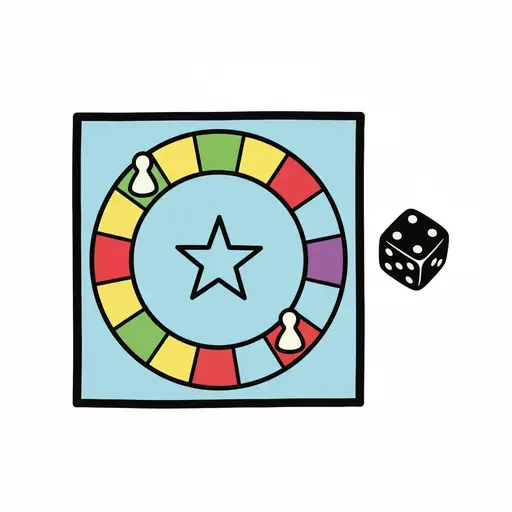 Ett runt brädspel med färgade rutor, spelpjäser och en tärning vid sidan.
