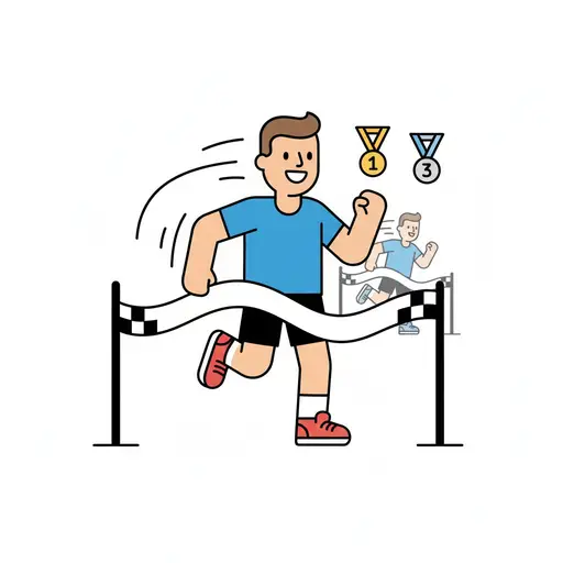 A smiling runner in a blue shirt and red shoes crossing a checkered finish line, with a gold and silver medal shown nearby and another runner following behind.