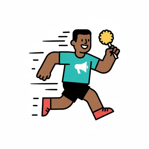 A smiling adult running forward in a blue t-shirt with a megaphone symbol, holding a yellow pompom in one hand, with motion lines behind.
