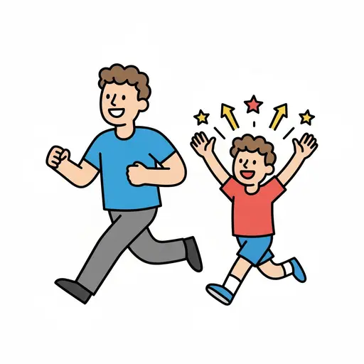 A smiling adult running forward in a blue shirt while a happy boy in a red shirt jumps behind with arms up, surrounded by stars and arrows.