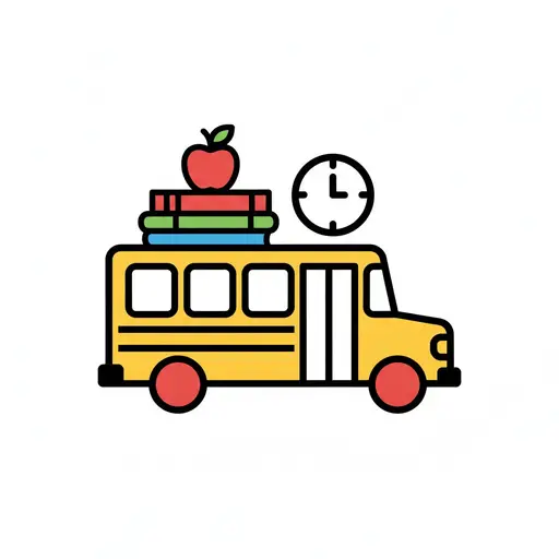 Een gele schoolbus met een stapel boeken, een appel en een klok erop.