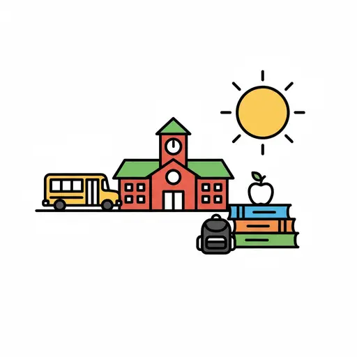 En oversiktsbilde med en rød skolebygning, en gul skolebuss, en stabel bøker med et eple på toppen, en svart ryggsekk og en skinnende sol over takene.