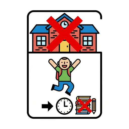 Een blij kind met een rugzak springt met de armen omhoog, wat aangeeft dat school uit is. Boven het kind staat een schoolgebouw met een rode 'X' erover, en eronder staan boeken en een potlood die ook een rode 'X' hebben.